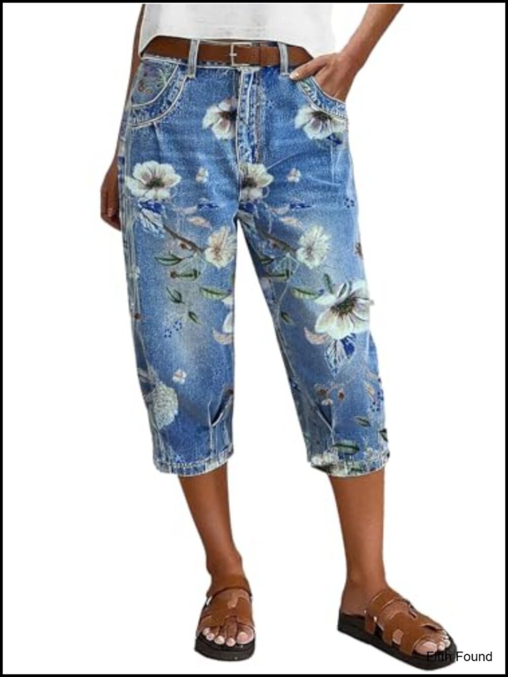 High Waist Straight Leg Capri Jeans with Floral Pattern Stitch Detail